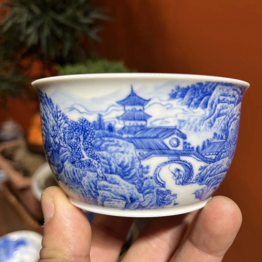 纯手工手绘釉下仿古泥青花里外满绘工笔山水大缸杯