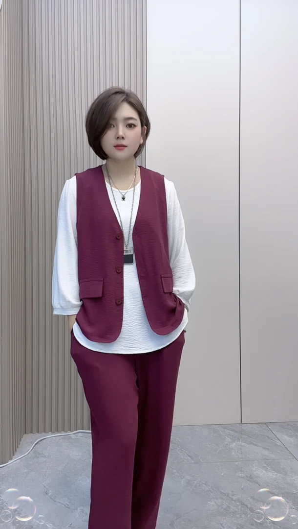 套装女2025秋季时尚马甲长袖上衣长裤三件套宽松显瘦妈妈装