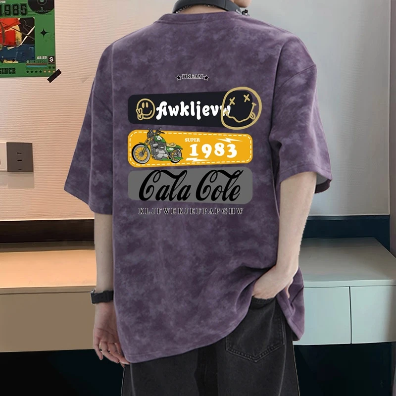 美式扎染纯棉短袖t恤男生夏季大码宽松复古休闲韩版印花半袖学生