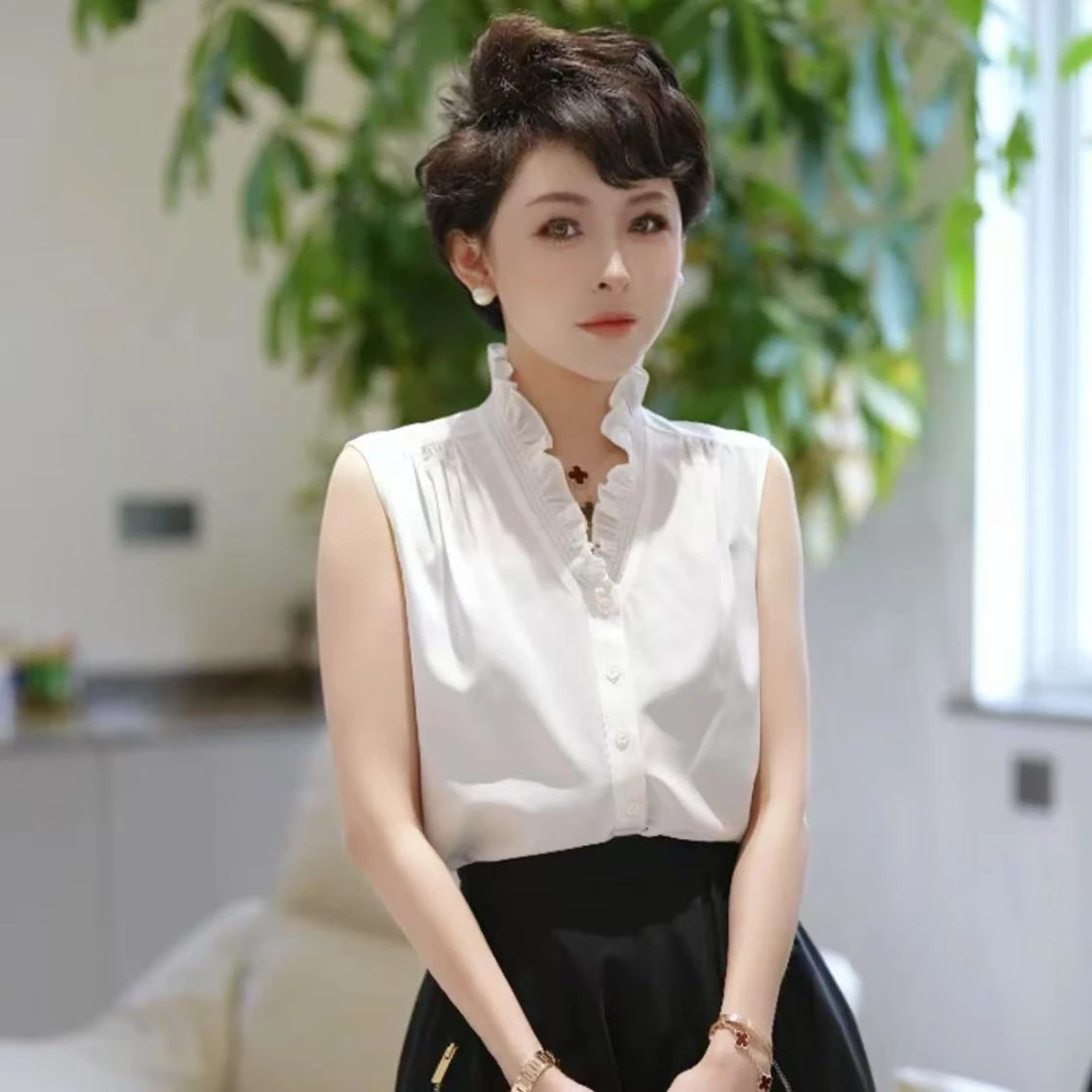 MINGGANG/名港【法式风情】气质轻职风荷叶V领百搭无袖T恤女RY3798