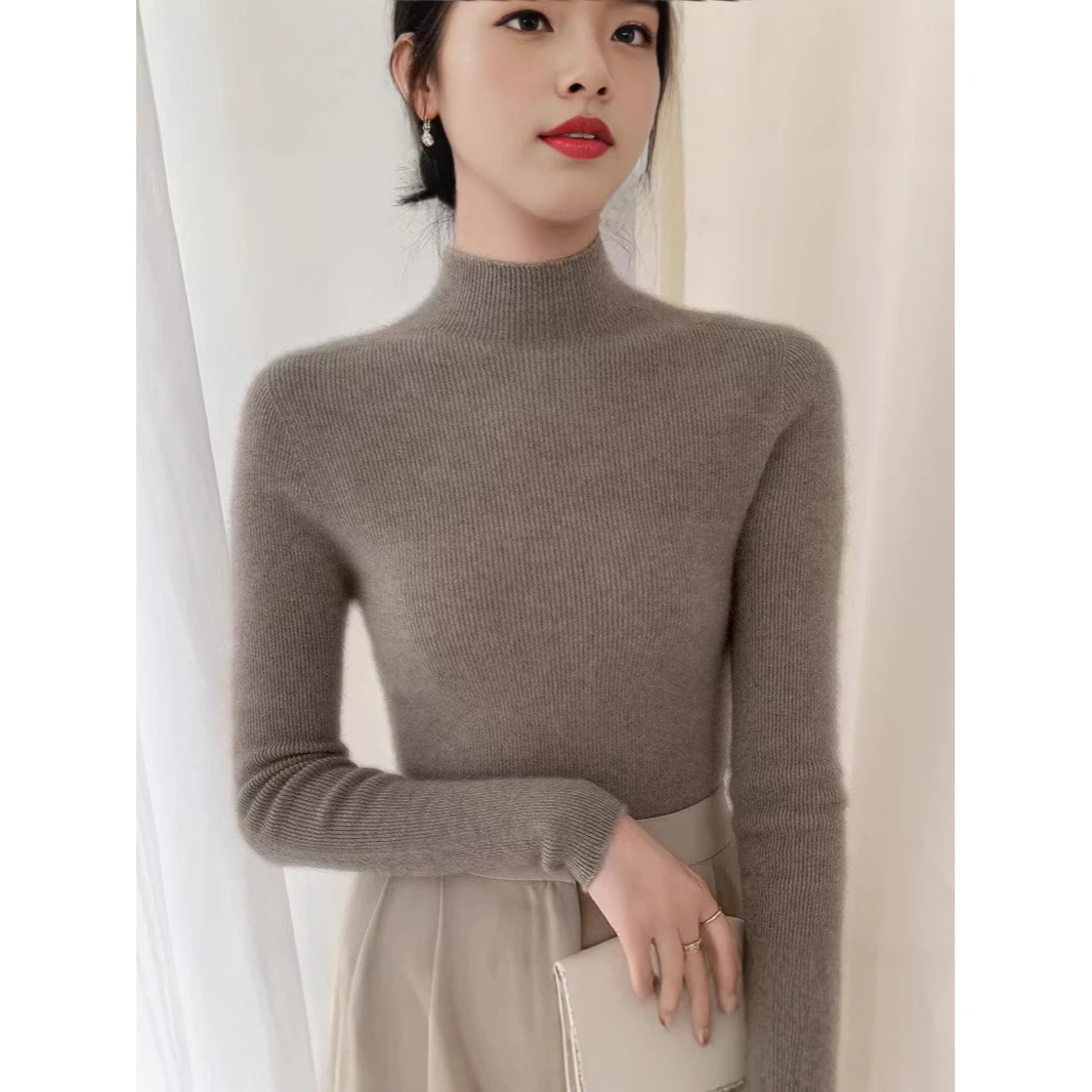 秋冬无缝一体羊毛衫女内搭针织衫修身显瘦气质半高毛衣纯色打底衫