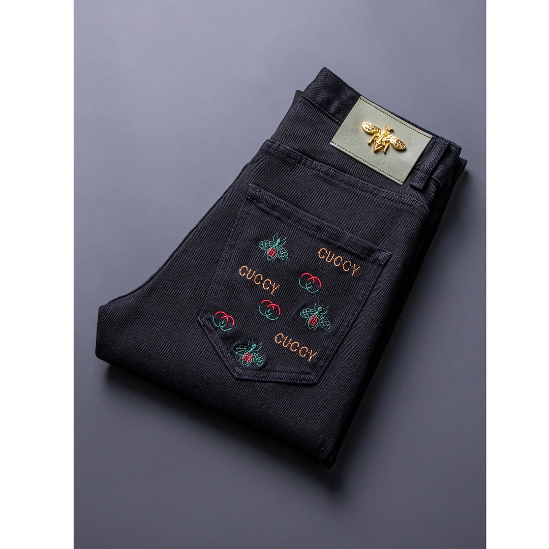 莫安摩萨利刺绣牛仔裤男欧洲站修身小脚弹力新款黑色长裤秋冬季