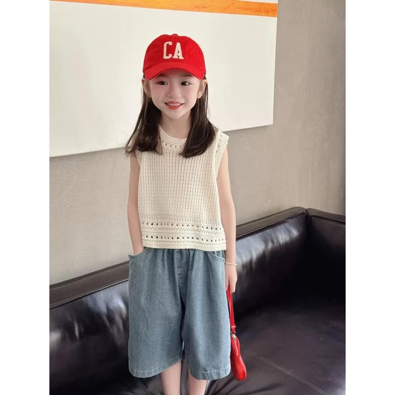 喵【亲子装】韩版女童针织背心套装夏季2025新款马甲牛仔裤两件套