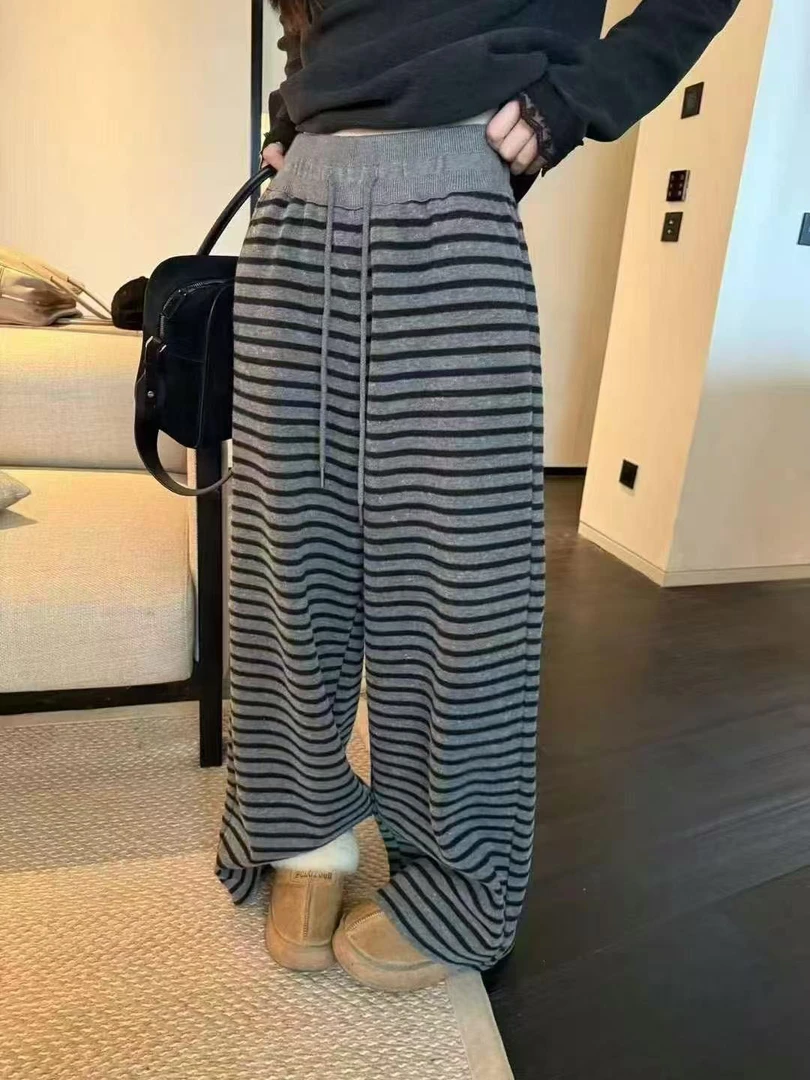 丹丹私服 条纹休闲加绒加厚阔腿裤