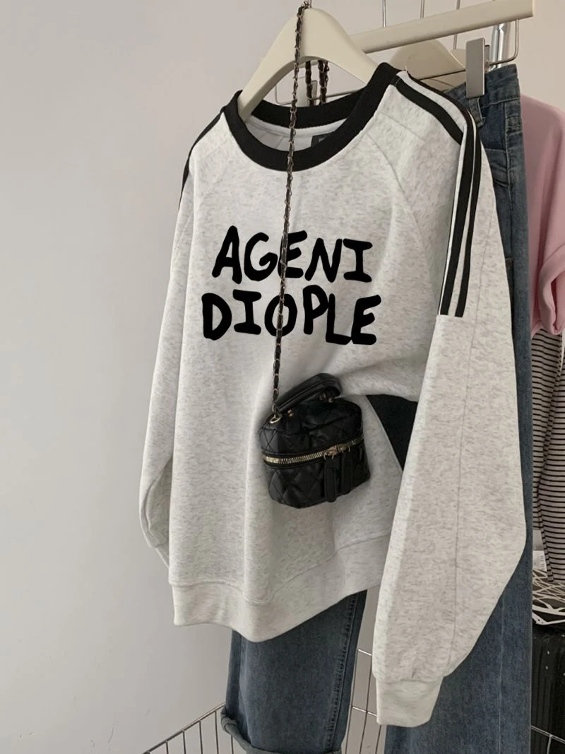 圆领三条杠无帽加绒卫衣女秋冬款2025韩系正肩宽松美式纯棉上衣服