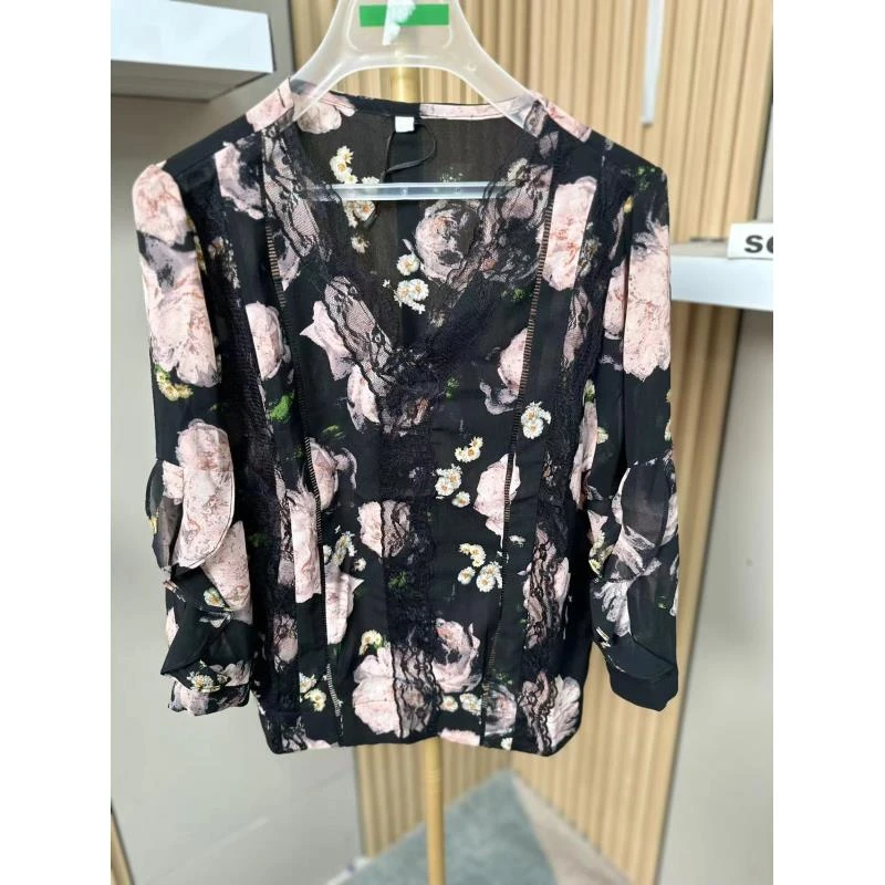 H2045蕾丝碎花长袖时尚百搭女士夏季黑色上衣