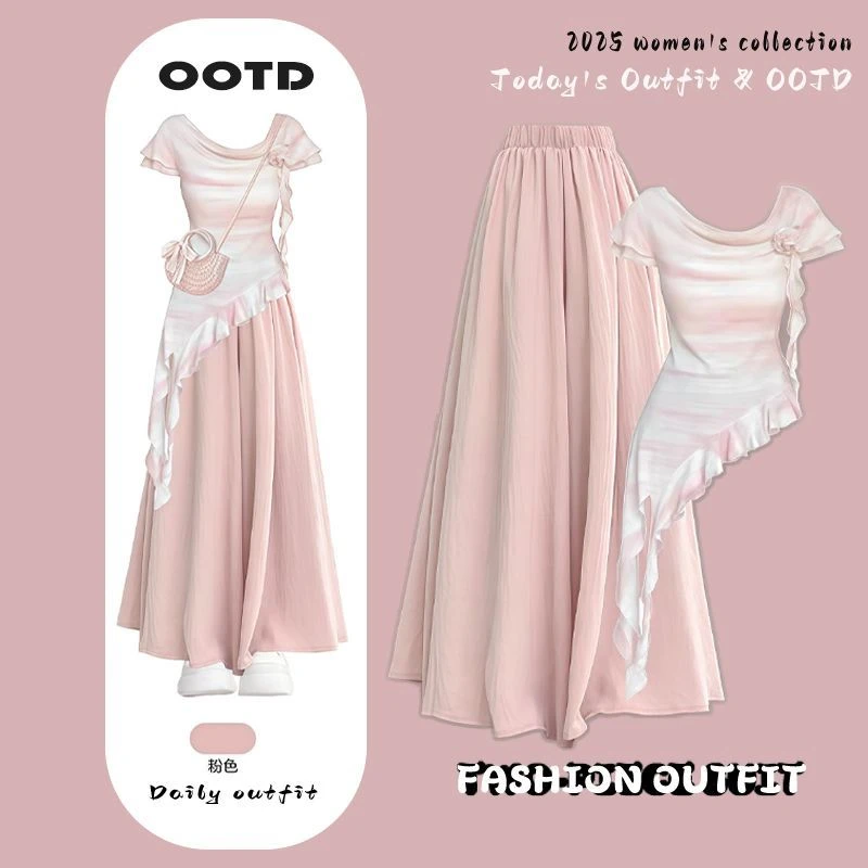 夏季套装女2025新款韩系穿搭不规则短袖上衣搭宽松显瘦裙裤两件套