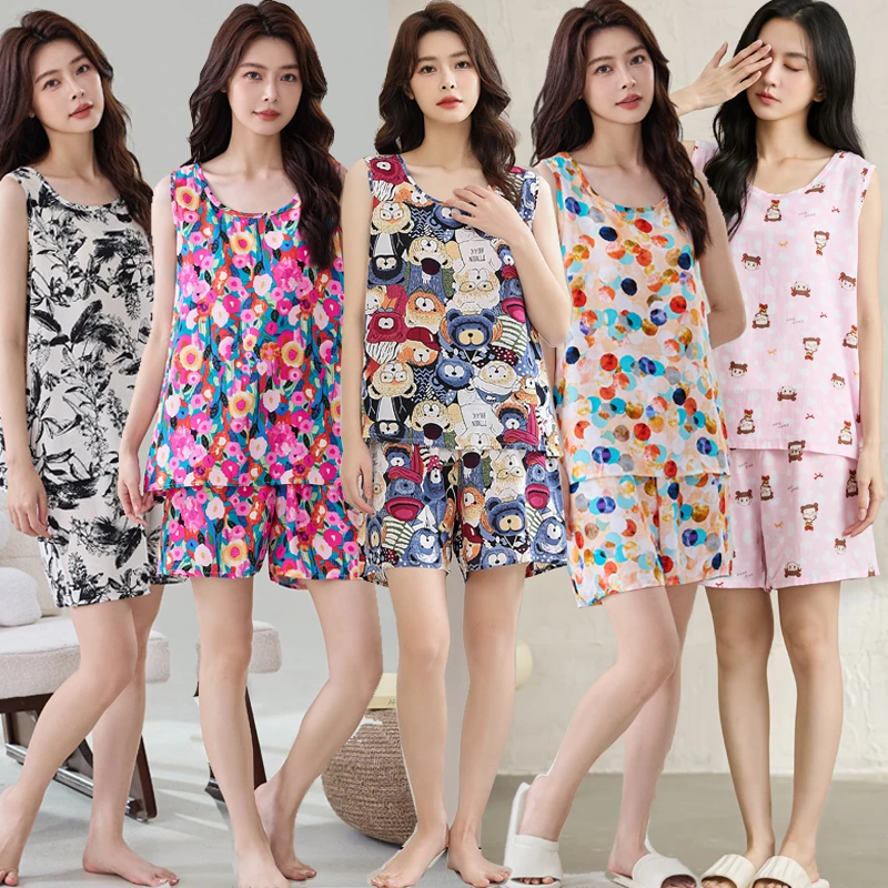 夏装新款棉绸无袖短裤睡衣套装人造棉家居服两件套夏季舒适女舒适