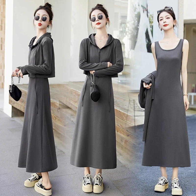 背心连衣裙女2025春秋新款高端精致显身材纯欲休闲长袖卫衣套装裙