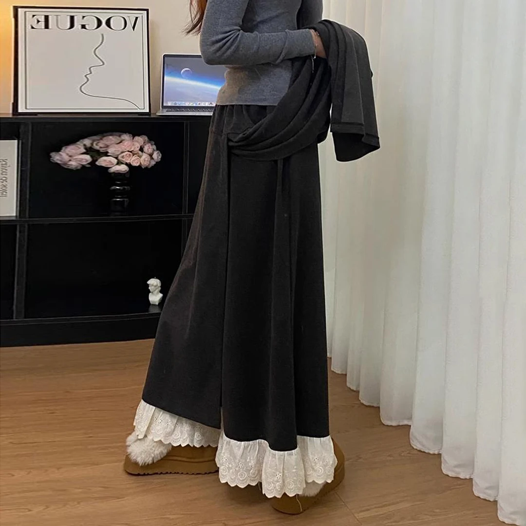 9083大码胖mm蕾丝拼接裙裤2025秋装女款假两件屁帘a字阔腿裤子