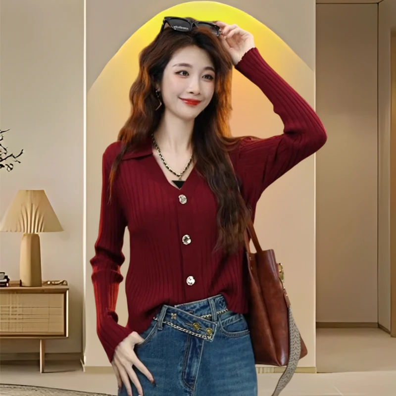 红色毛衣网红秋冬新款大码修身设计感上衣秋冬红色翻领长袖针织