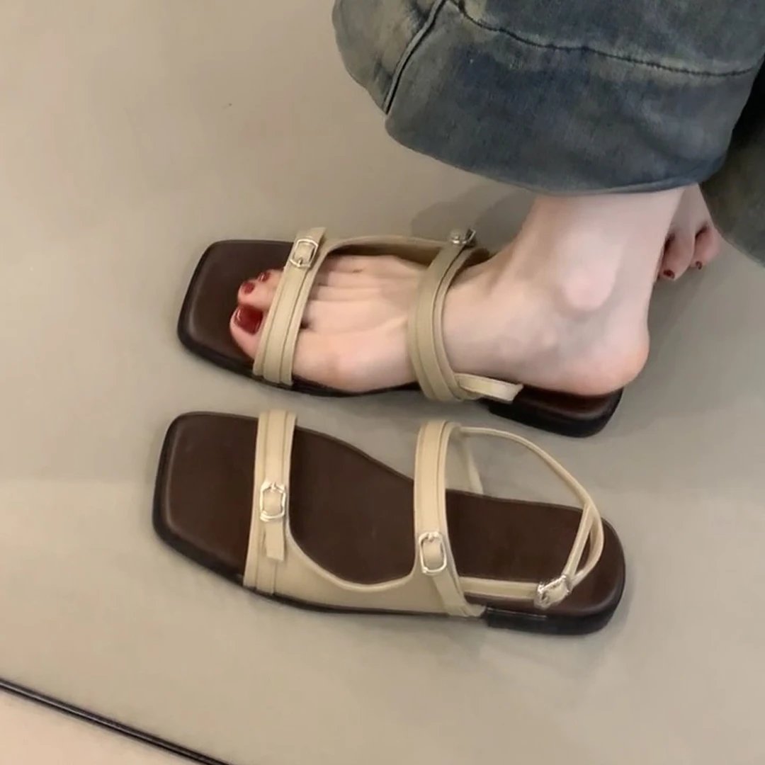 羊皮版~方头复古平底一字扣带罗马凉鞋女百搭度假风休闲沙滩凉鞋