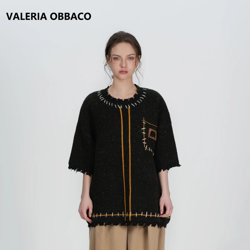 VALERIAOBBACO/瓦莱丽娅 奥贝科VO黑色羊毛中袖针织衫气质上衣秋