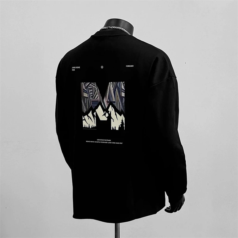 重磅纯棉潮牌美式字母打底衫潮流痞帅印花男秋季圆领宽松长袖T恤