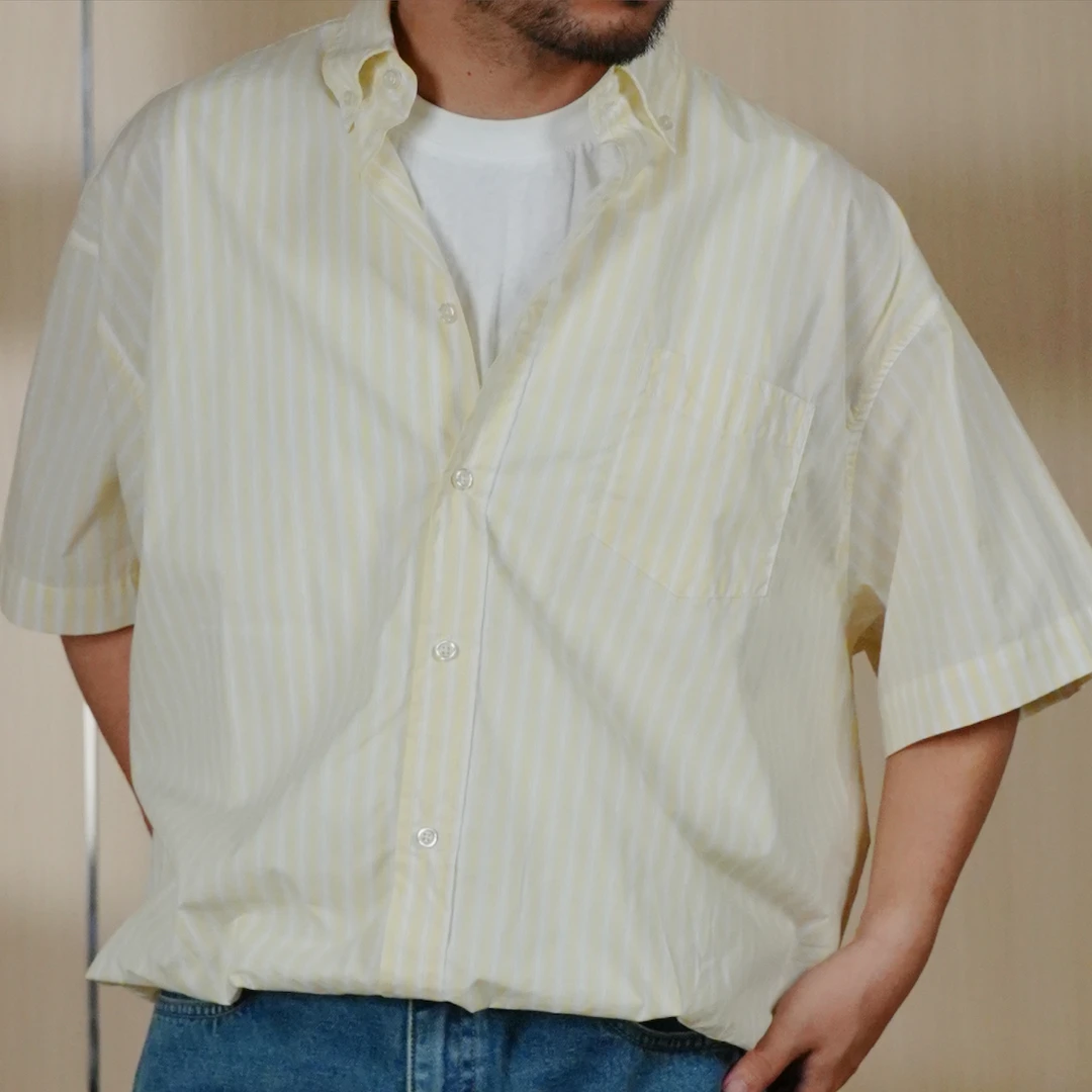 TIAS【3】条纹真两件花苞下摆设计夏季宽松短袖衬衫