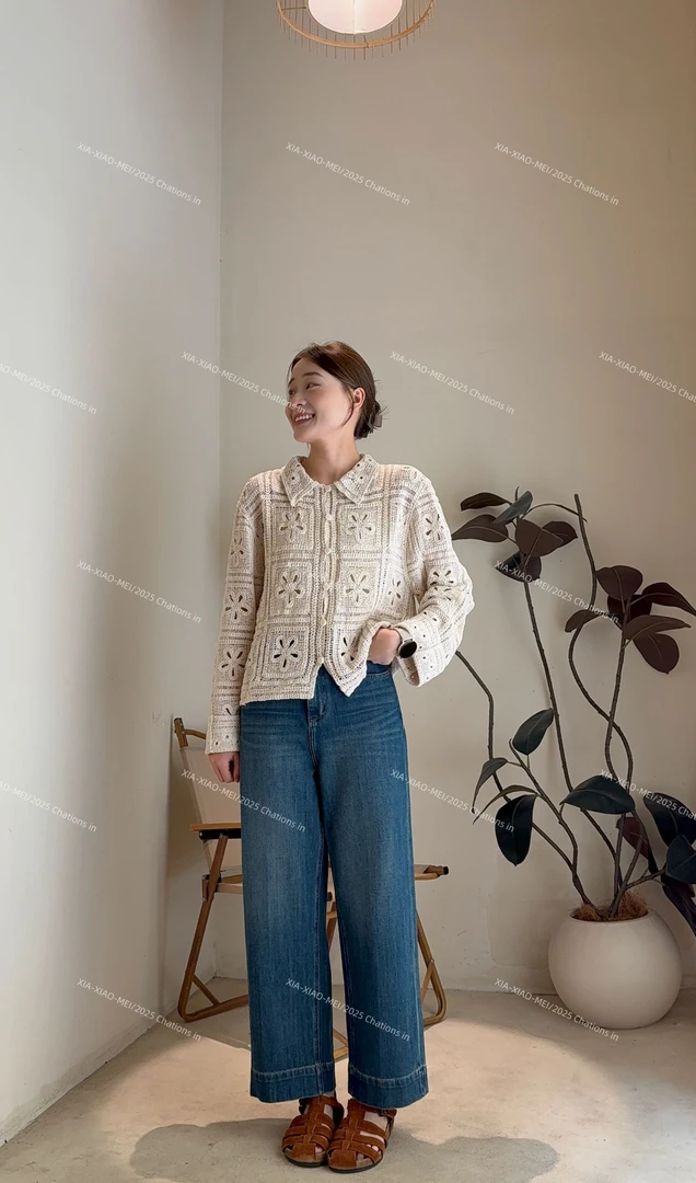 XIAOMEI ｜重工钩花翻领针织开衫上衣-5322