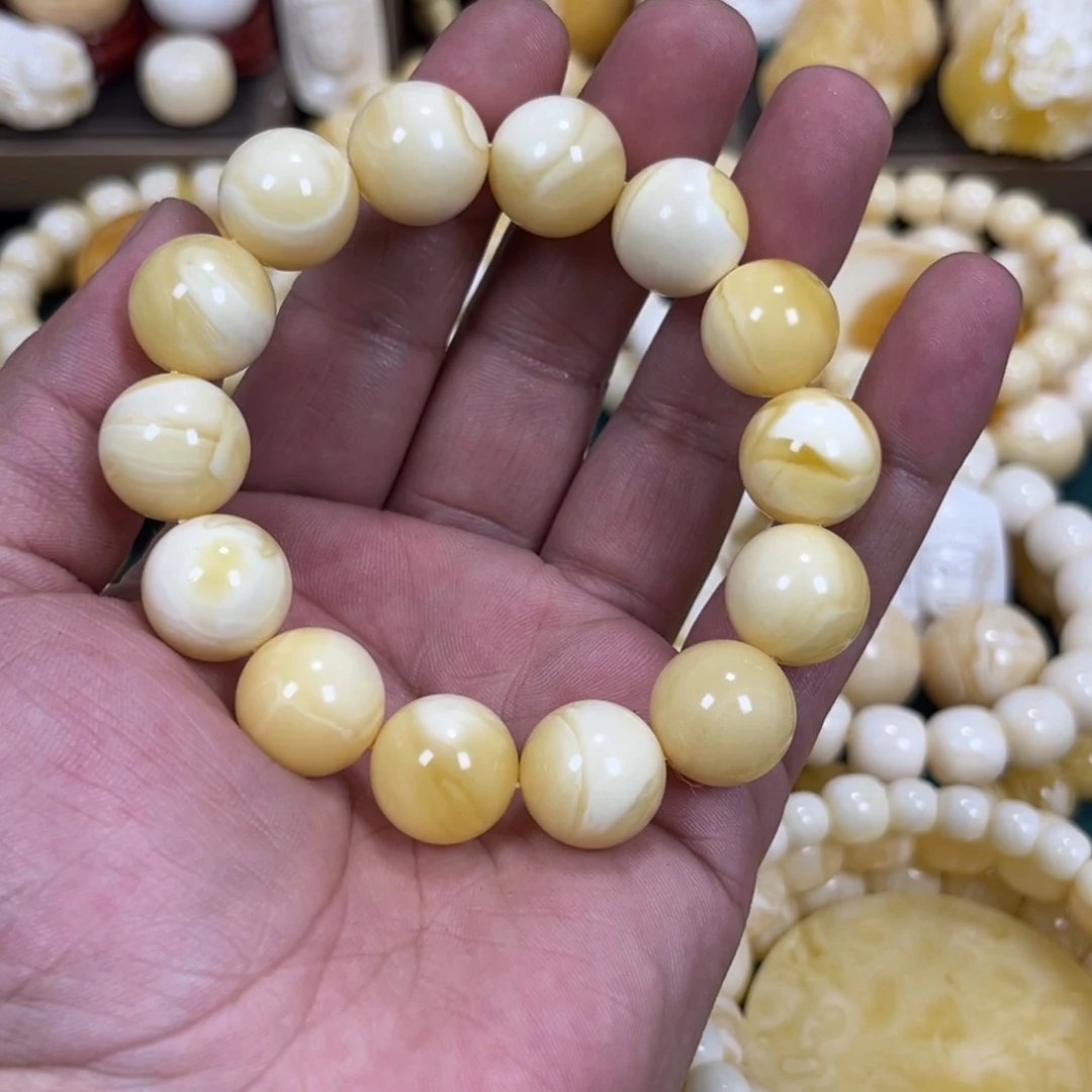 琥珀手链未镶嵌同料俄料白花奶酪15mm
