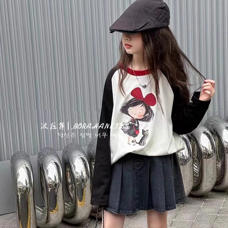 女童春秋装纯棉长袖t恤2025新款中大童洋气印花拼色儿童秋季上衣T