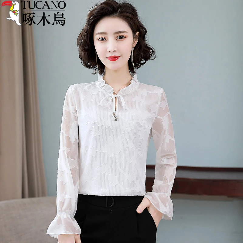 TUCANO/啄木鳥蕾丝雪纺衫女长袖春秋新款白色洋气百搭打底衫上衣