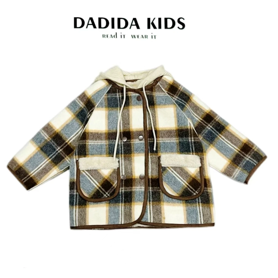 dadida/嗒嘀嗒男童冬季学院风休闲格子连帽呢子外套+504800375