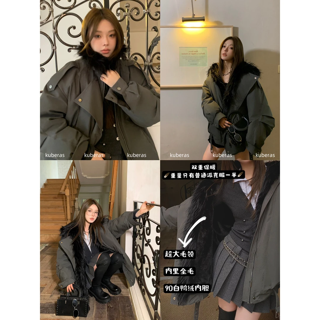 KUBERAS 原创冰川派克大毛领内里全毛轻盈保暖工装白鸭绒大衣外套