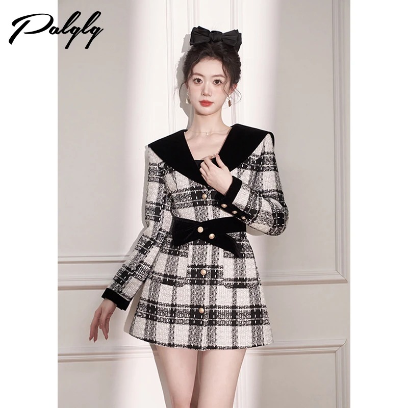 Palglg小香风海军领毛呢外套女富家千金加厚格子大衣34PWF41642