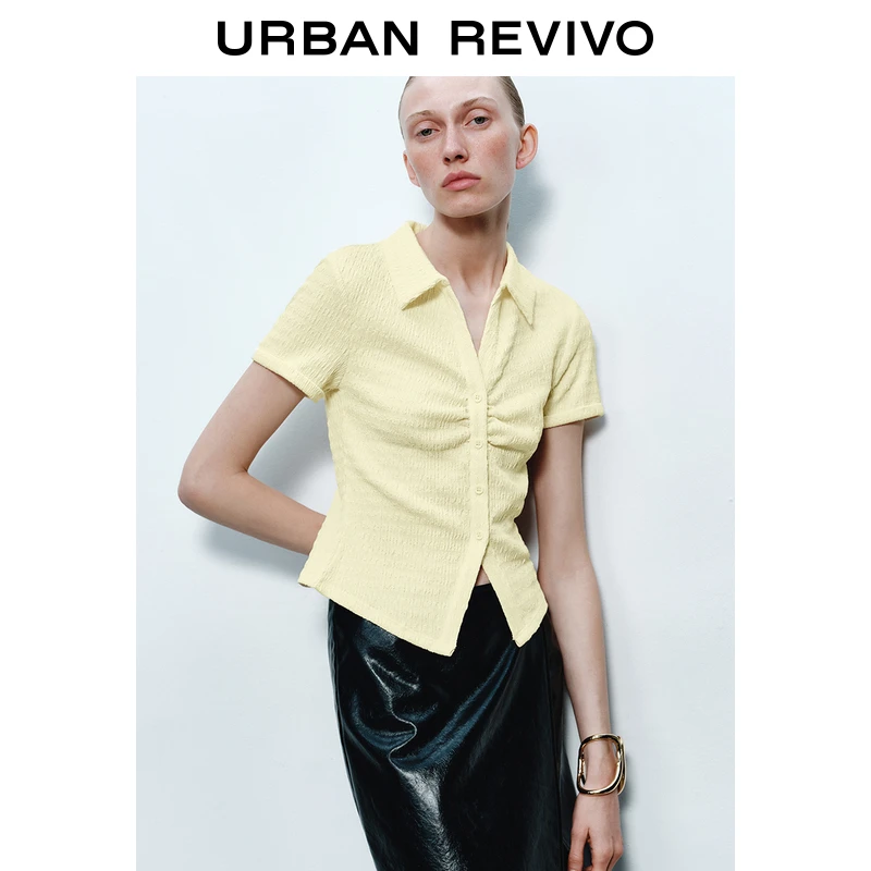 UR2025春季新款女装时尚气质肌理感褶皱修身短袖T恤UWM450042