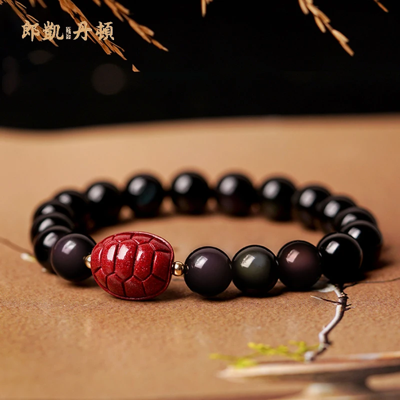 黑曜石手串朱砂富甲天下手串男女富贵一方手链龟甲龟壳水晶配饰珠