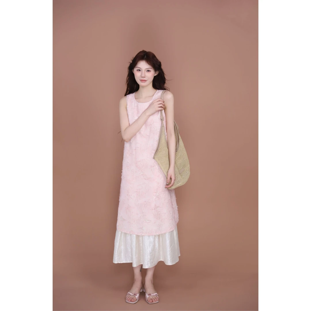 美静 醋酸天丝粉色连衣裙HY004