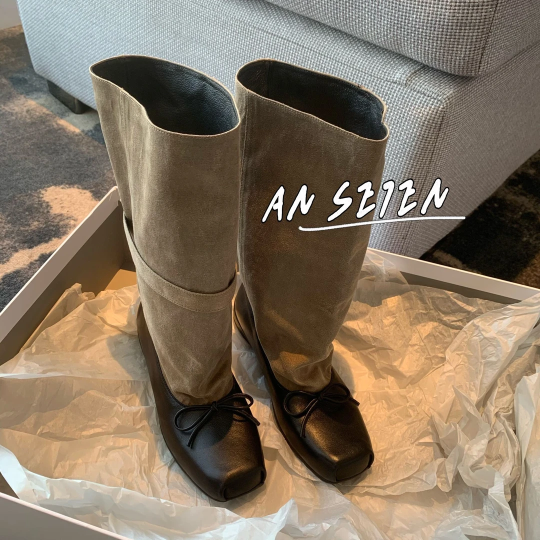 ANSE7EN/“拼接芭蕾靴”2025ins韩小众蝴蝶结秋季方头短靴百搭显瘦