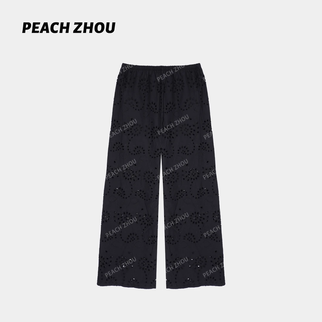 『PEACHZHOU』雕孔绣花镂空宽松直筒休闲裤法式休闲度假风九分裤女
