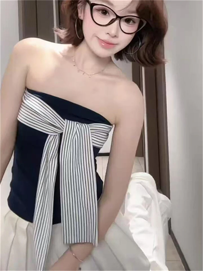 大码微胖mm早秋新款辣妹复古绑带设计防晒短款开衫条纹抹胸两件套