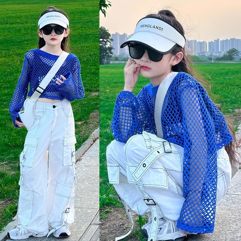 女童镂空针织衫套装2025夏季新款儿童防晒上衣休闲洋气百搭工装裤