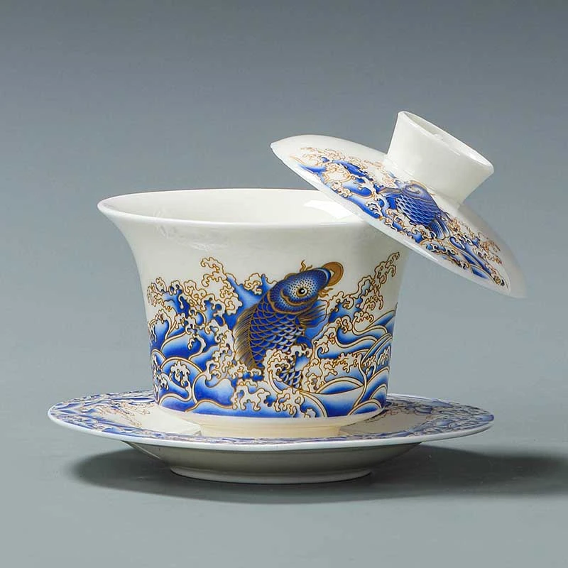 悬停中式羊脂玉瓷三才盖碗家用陶瓷功夫茶具公司活动店铺开业logo