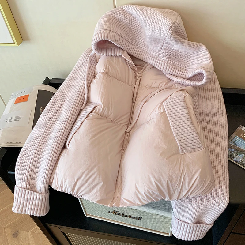 韩版粉色针织拼接连帽棉服女冬季2025新款减龄保暖软糯面包服外套