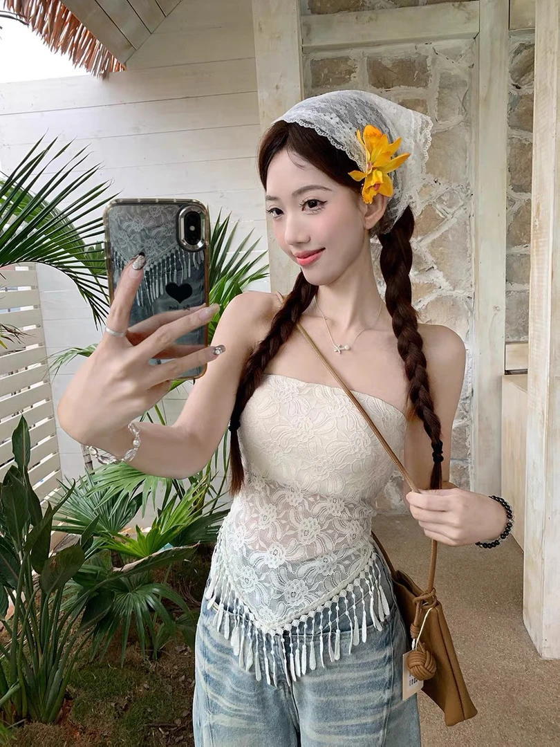 法式纯欲蕾丝流苏抹胸背心女夏季外穿内搭修身显瘦无袖上衣