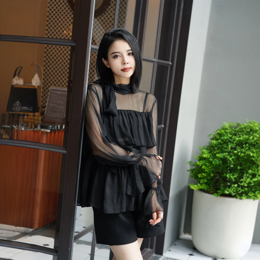 POPULARYW【寂夜】Z·R上品屋 法式荷叶边设计感系带微透衬衫上衣