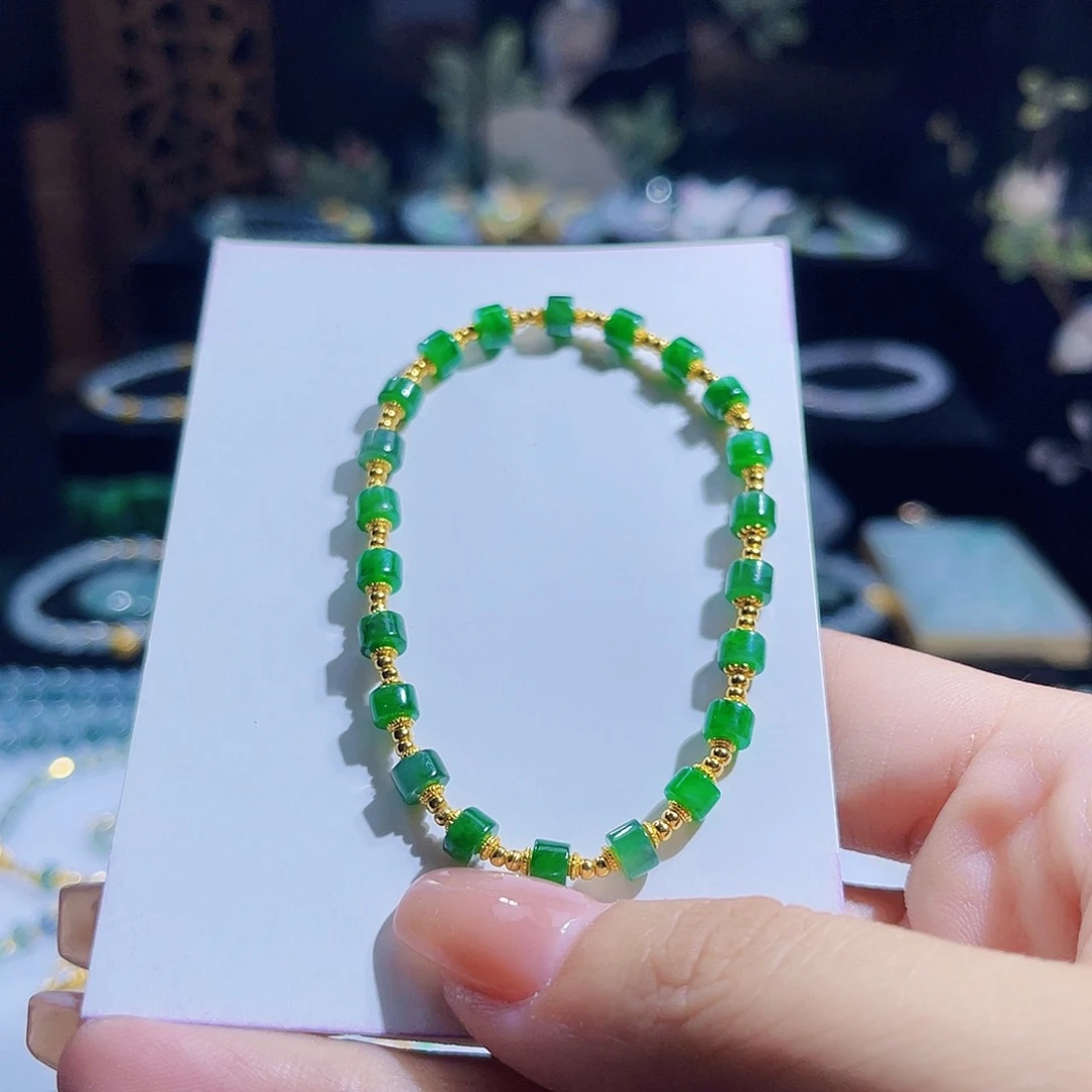 足金镶嵌手串翡翠小****作缅料绿直切设计款