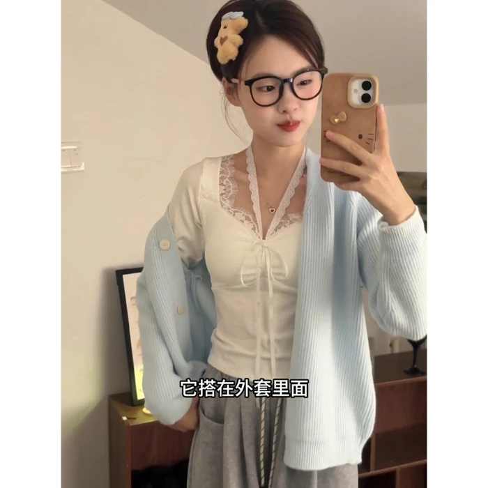 可欣新款纯欲风蕾丝拼接方领短袖恤女聚酯纤维宽松型17岁以下2024