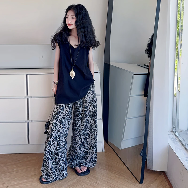 女童夏装背心小女孩6-12岁松弛感复古无袖15岁阔腿裤薄款时尚宽松