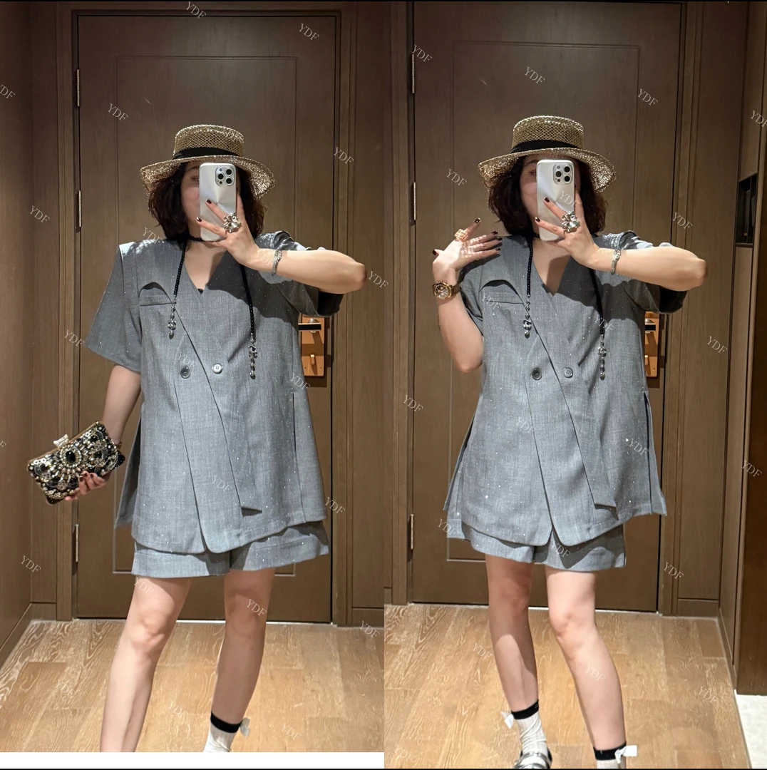 YDFSTUDIO小众【魅力从容】欧货高品重工烫钻设计时尚西装+短裤套装