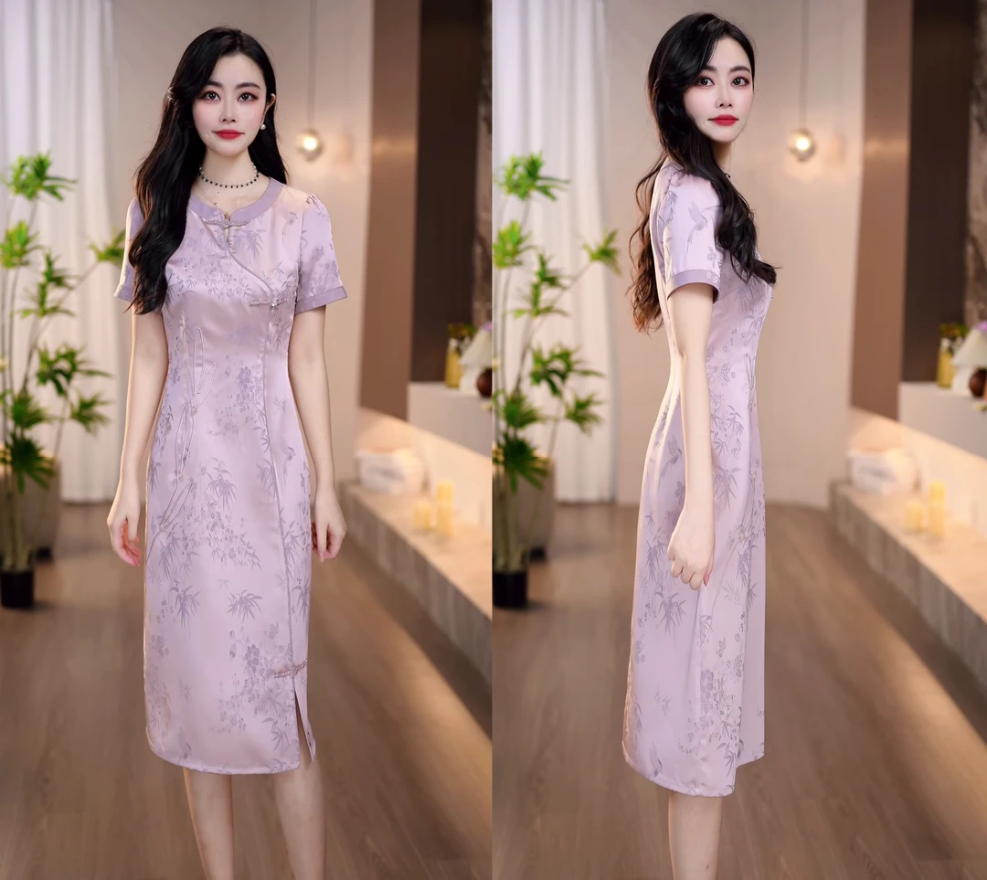 2025夏季新款粉紫色缎面提花新中式旗袍减龄显瘦气质连衣裙M-4XL