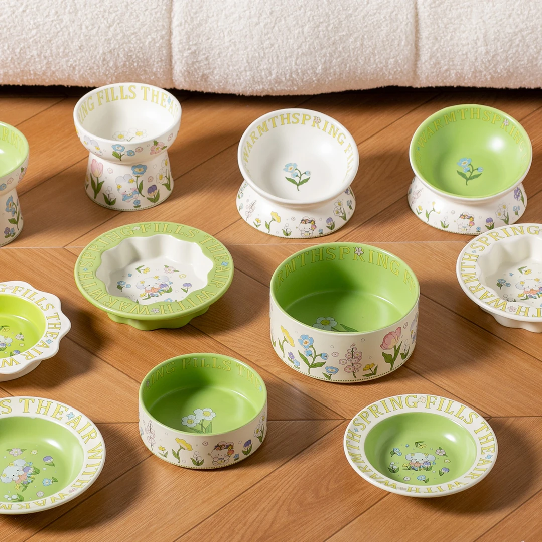 绿兔子花边猫饭碗防黑下巴猫罐头食盆陶瓷狗粮碗猫咪防打翻喂水碗