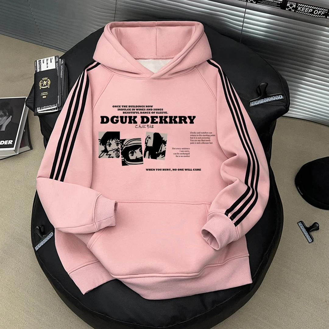 美式潮牌动漫印花连帽加绒上衣秋冬季三条杠男女情侣粉色休闲卫衣