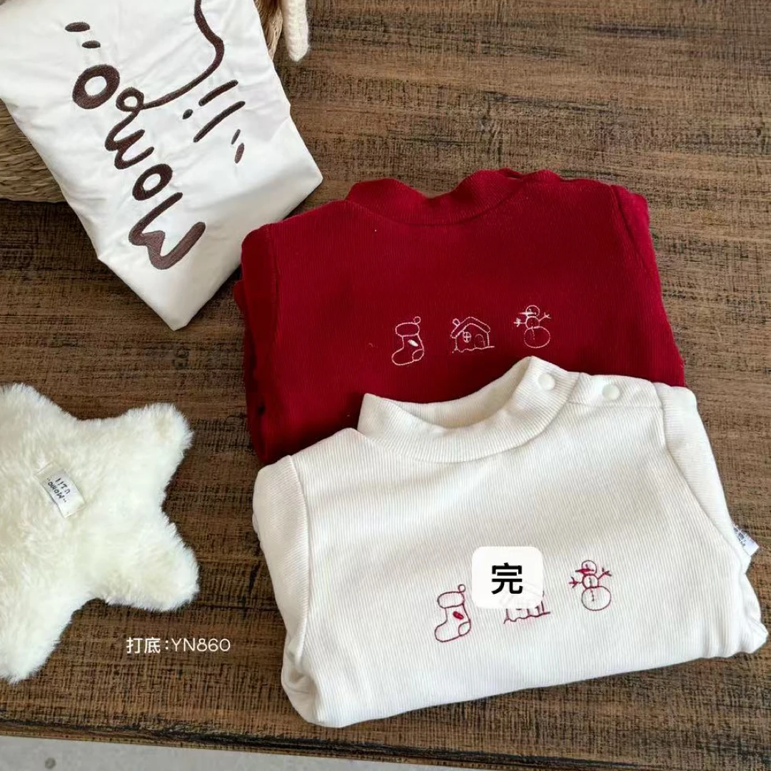 【momoli】茉茉哩2025秋冬软乎乎小鞋子小房子小雪人刺绣加绒打底衫