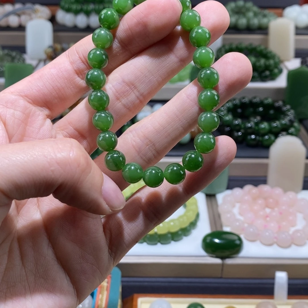 和田玉手串未镶嵌卡8俄料碧玉阳绿手串微红皮