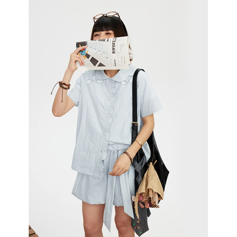 hothorse/火山马【专属】CS10051宽松花瓣镂空设计短袖衬衫花苞裙裤