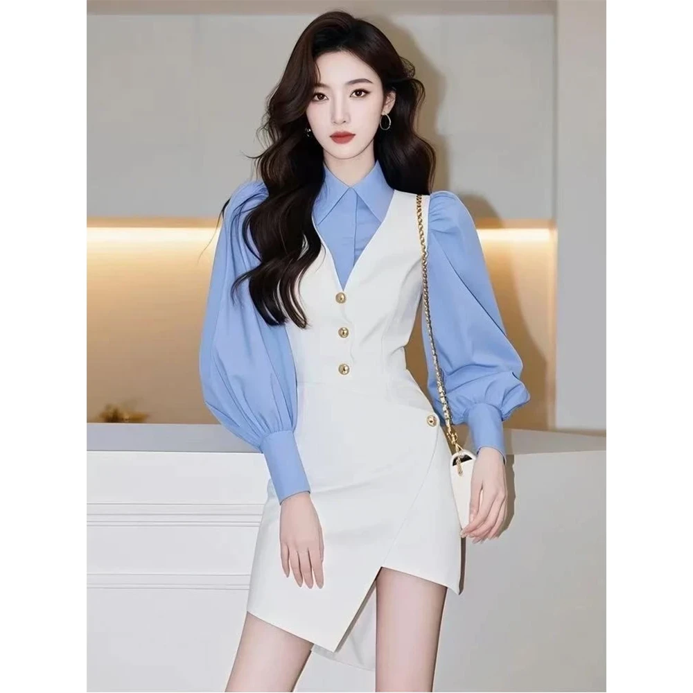 2025超火春装新款法式设计感衬衫裙子绝美小香风白色两件套衬衫女
