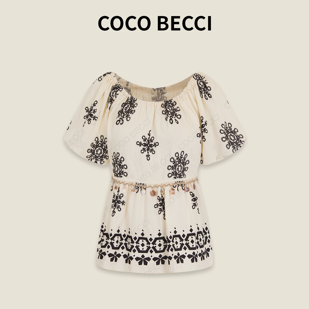 COCO BECCI【贝壳民族上衣】民族风刺绣一字肩显瘦衬衫CFLJB312058