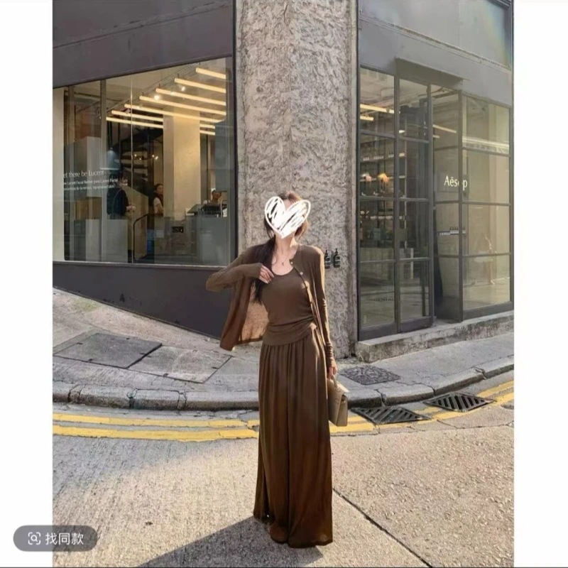 栗子秋日 百搭基础开衫背心半裙三件套5008#